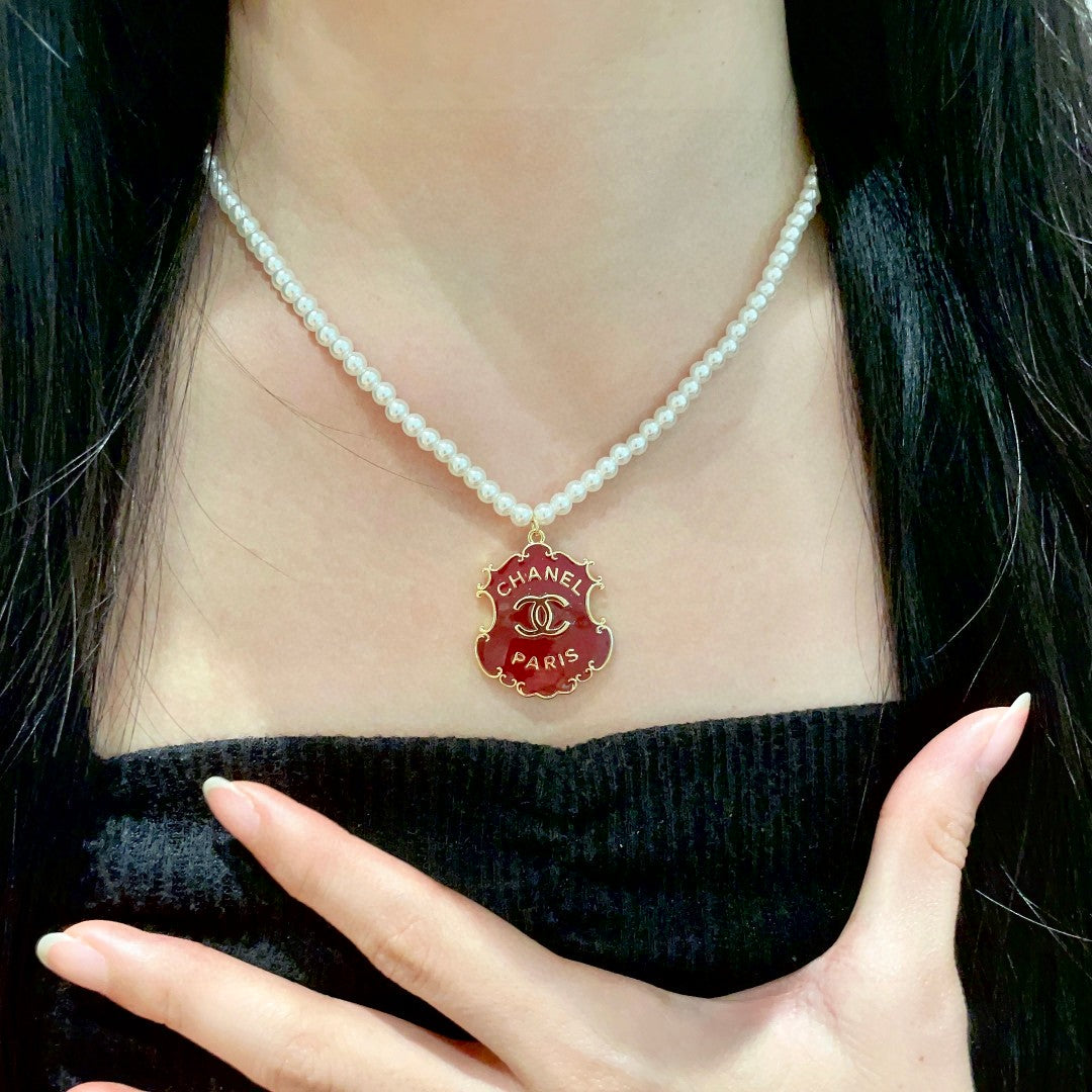 Double-C Emblem Pearl-Detail Pendant Necklace – Pearl Detail – Design 032 front product view