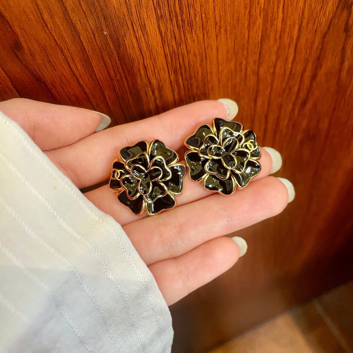 Camellia Stud Earrings in Polished Metal-Tone – Camellia Detail – Design 002 side detail