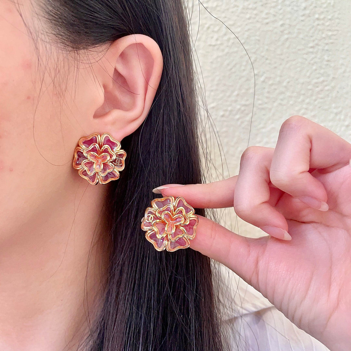Camellia Stud Earrings in Polished Metal-Tone – Camellia Detail main product view