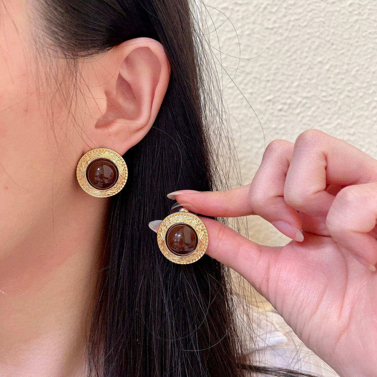 Double-C Emblem Stud Earrings in Polished Metal-Tone – Design 142 main product view
