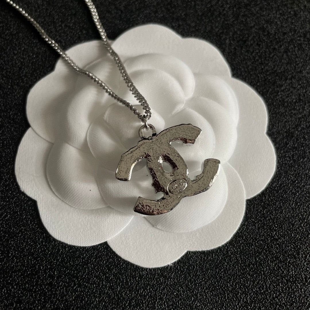 Double-C Emblem Pendant Necklace in Polished Metal-Tone – Design 045 front product view