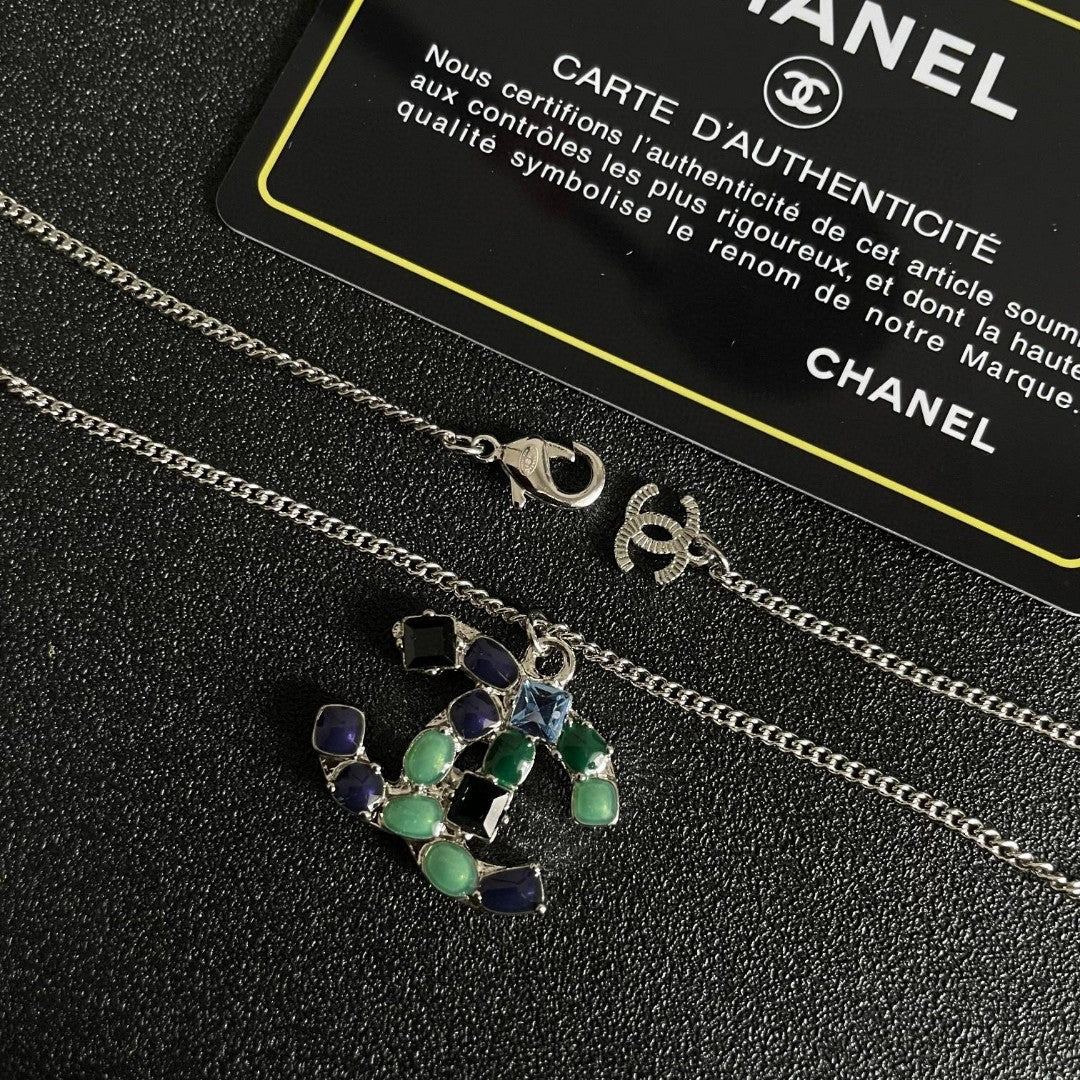 Double-C Emblem Pendant Necklace in Polished Metal-Tone – Design 077 main product view