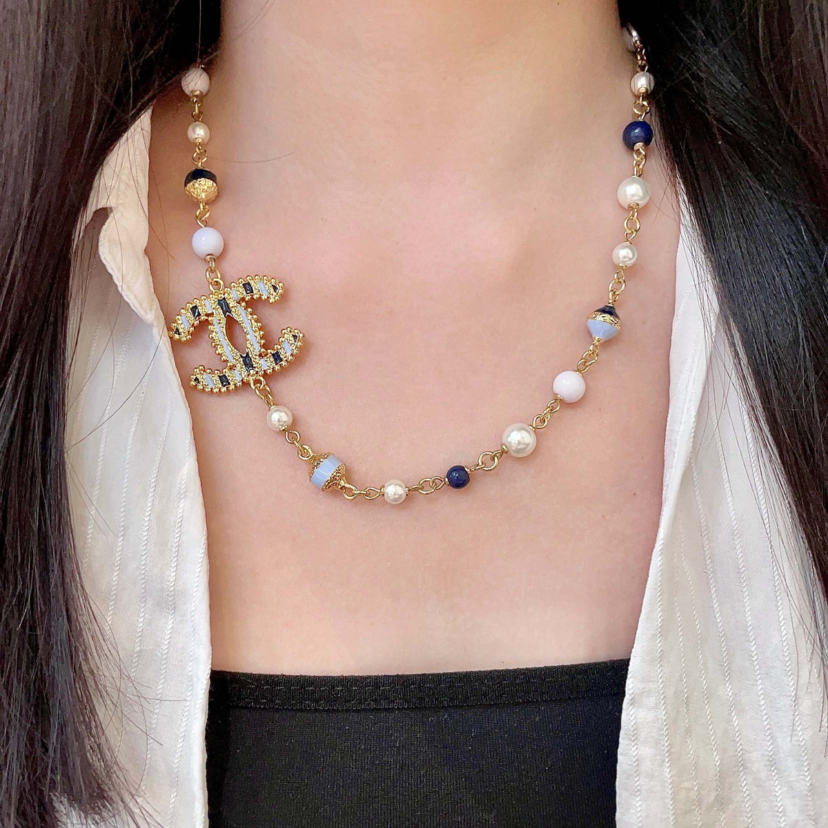 Double-C Emblem Pearl-Detail Pendant Necklace – Pearl Detail – Design 069 detail view