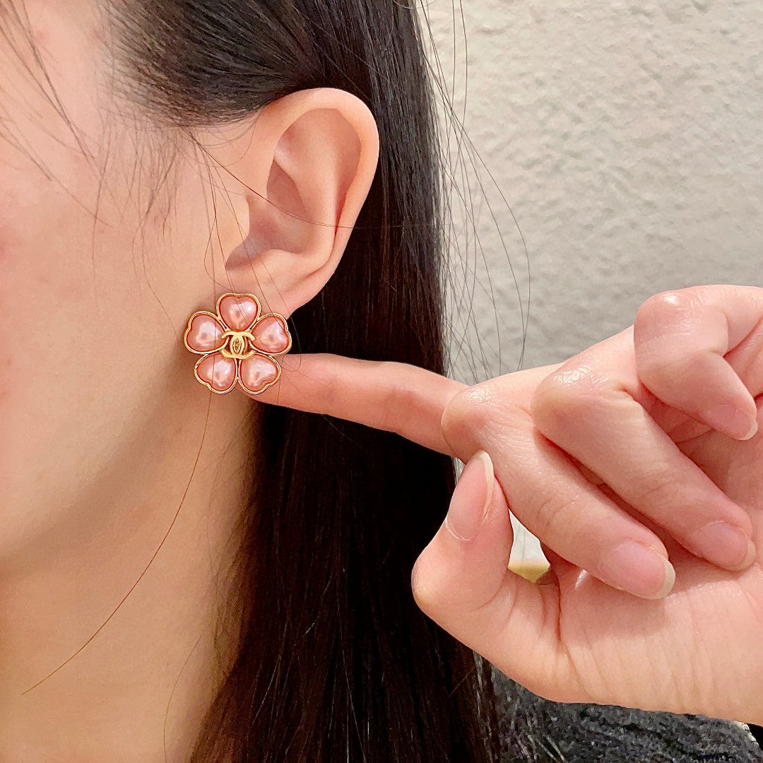 Camellia Stud Earrings in Polished Metal-Tone – Camellia Detail – Design 036 front product view