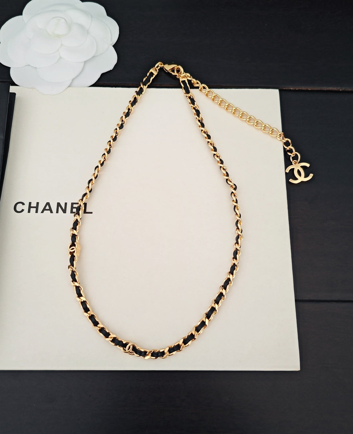 Signature Emblem Pendant Necklace in Gold-Tone – Black Detail – Design 012 side detail