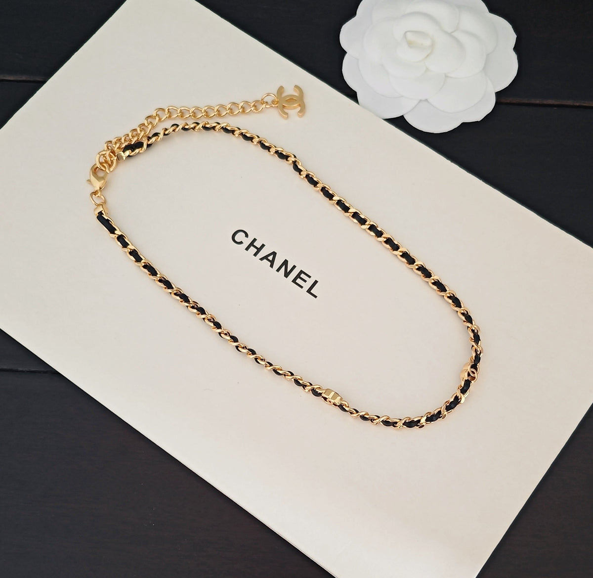 Signature Emblem Pendant Necklace in Gold-Tone – Black Detail – Design 012 close-up detail