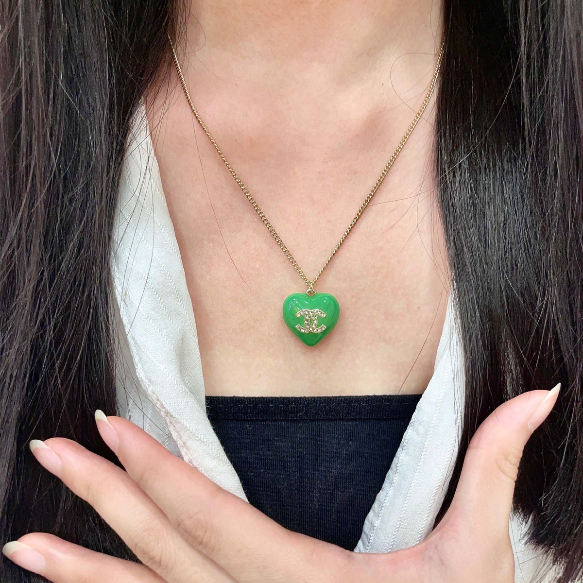 Double-C Emblem Crystal-Accent Pendant Necklace – Heart Detail – Design 004 front product view