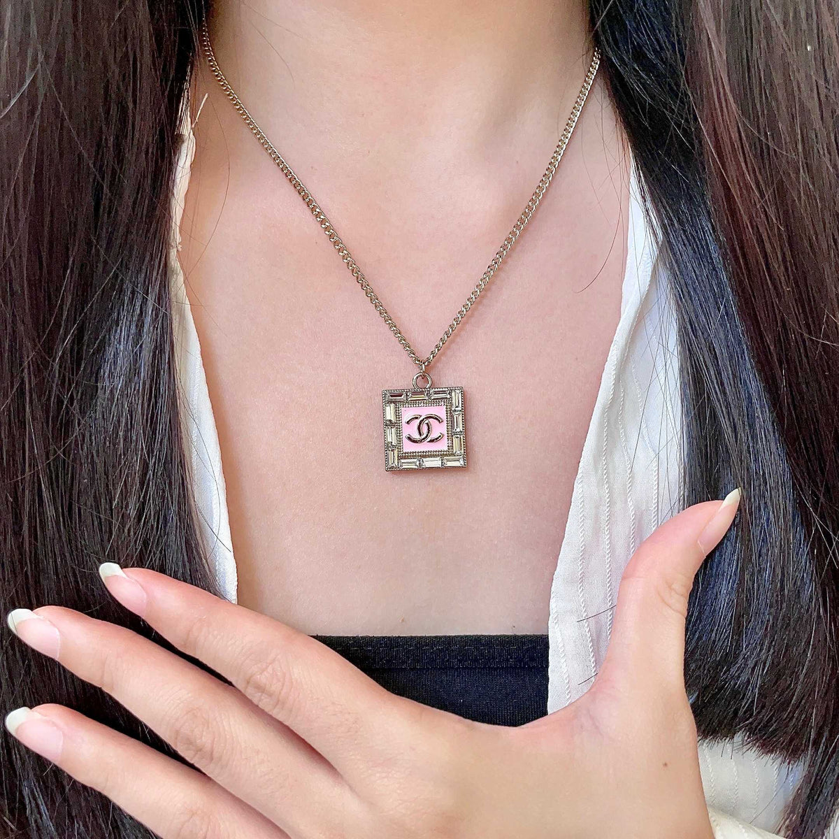 Double-C Emblem Pendant Necklace in Polished Metal-Tone – Design 008 front product view