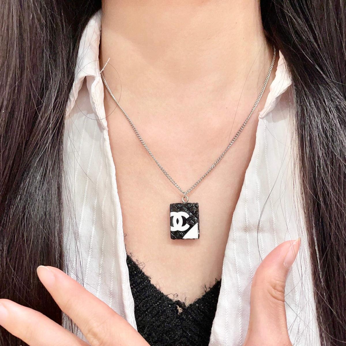 Double-C Emblem Pendant Necklace in Polished Metal-Tone – Design 040 front product view