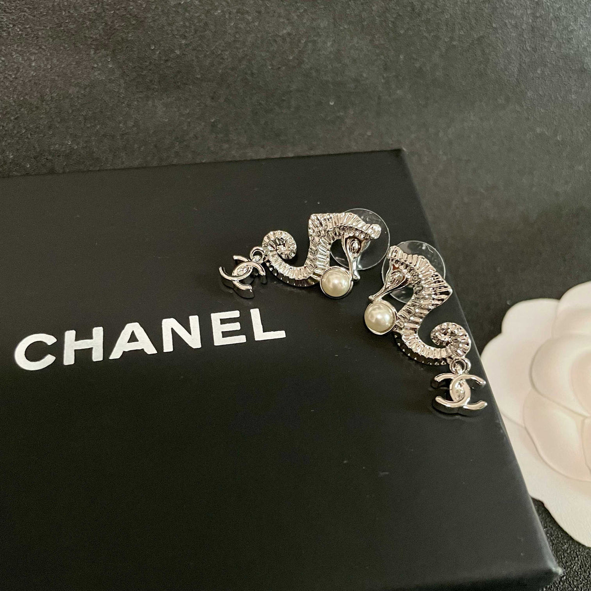 Double-C Emblem Pearl-Detail Statement Earrings – Pearl Detail – Design 017 detail view