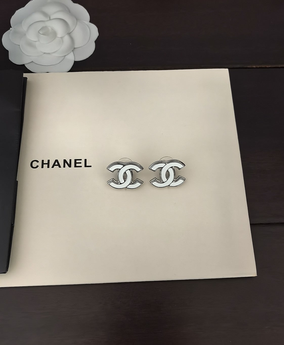 Signature Emblem Stud Earrings in Gold-Tone – White Detail – Design 004 styled product view