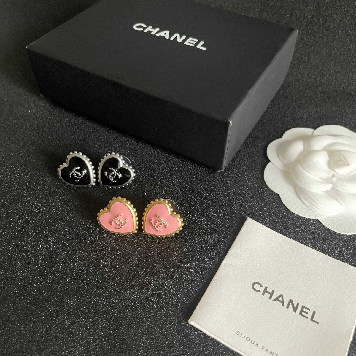 Double-C Emblem Stud Earrings in Polished Metal-Tone – Heart Detail – Design 012 side detail