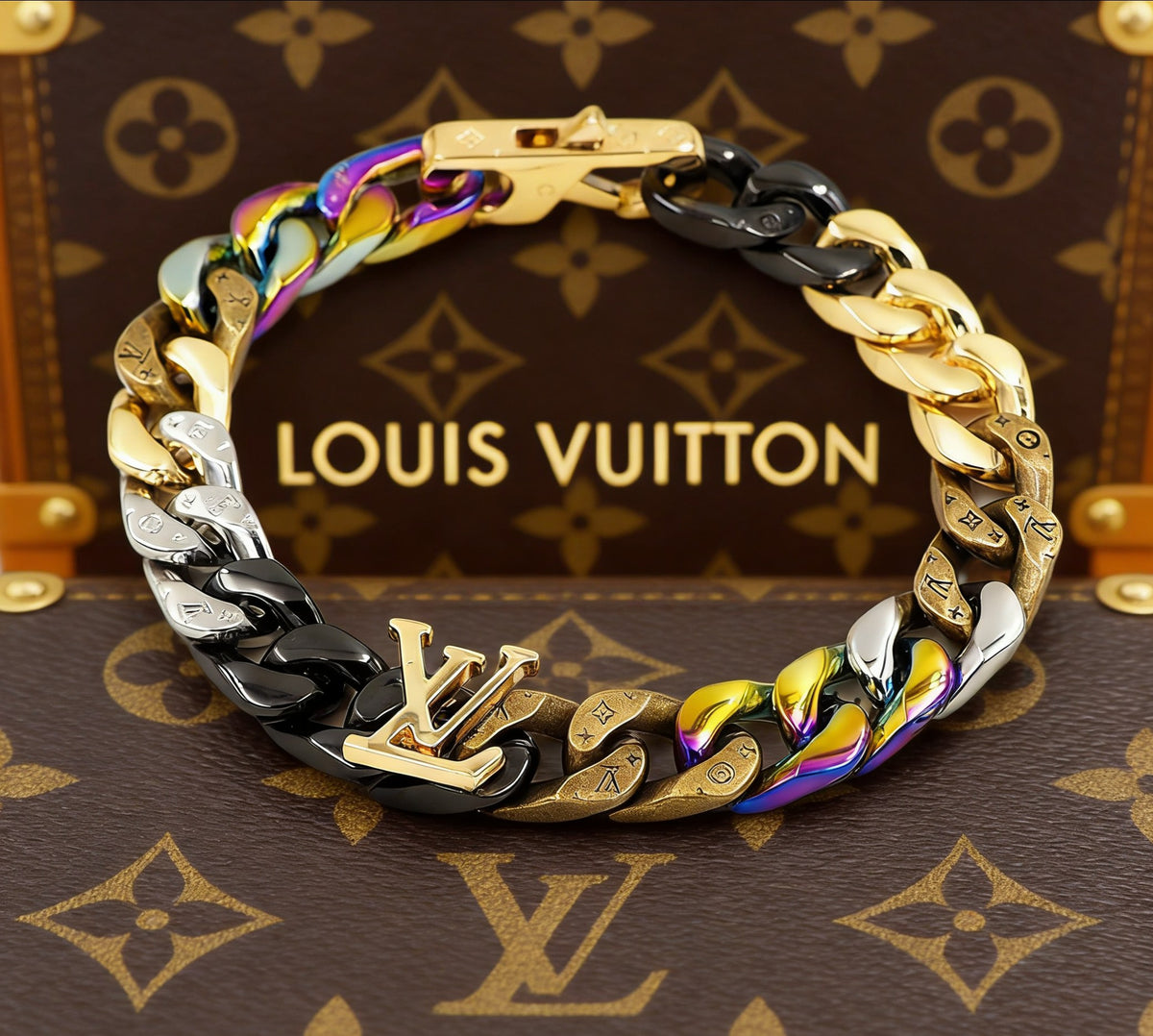 Letter Emblem Bracelet in Polished Metal-Tone – Design 014 front product view