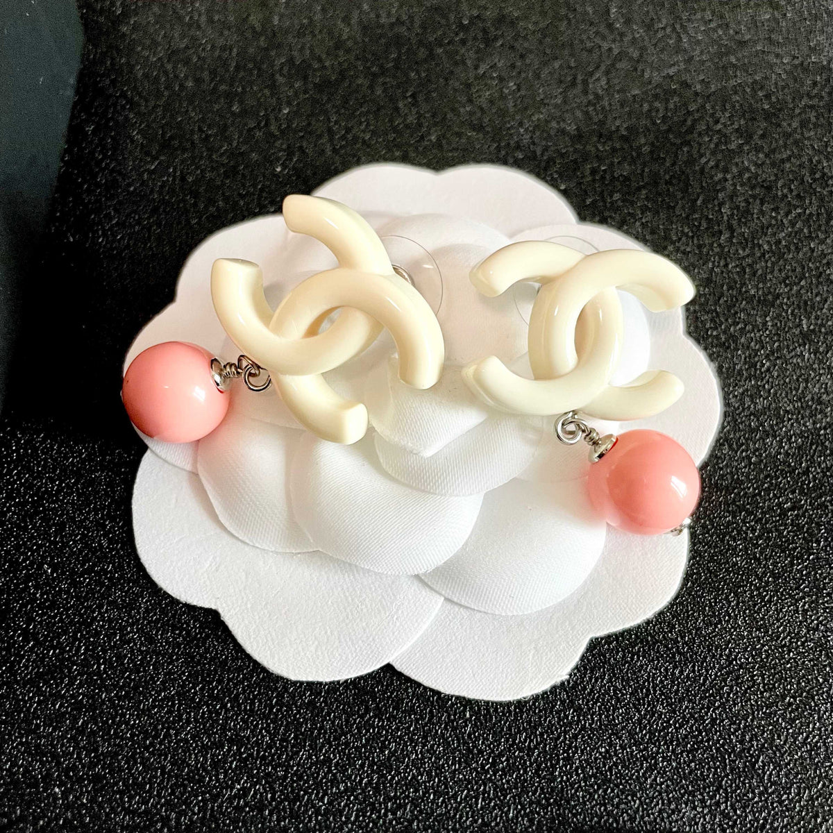 Double-C Emblem Pearl-Detail Statement Earrings – Pearl Detail – Design 026 front product view