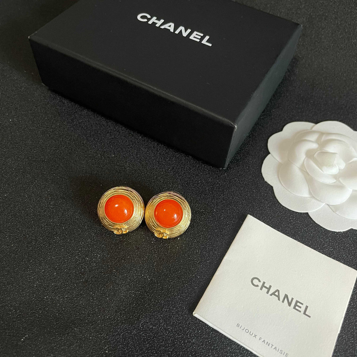 Double-C Emblem Stud Earrings in Polished Metal-Tone – Design 343 close-up detail