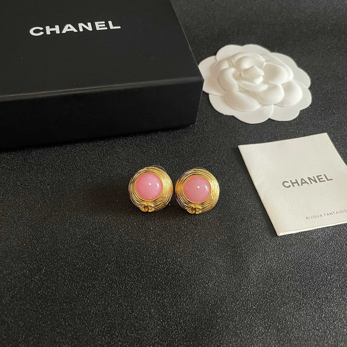 Double-C Emblem Stud Earrings in Polished Metal-Tone – Design 281 styled product view
