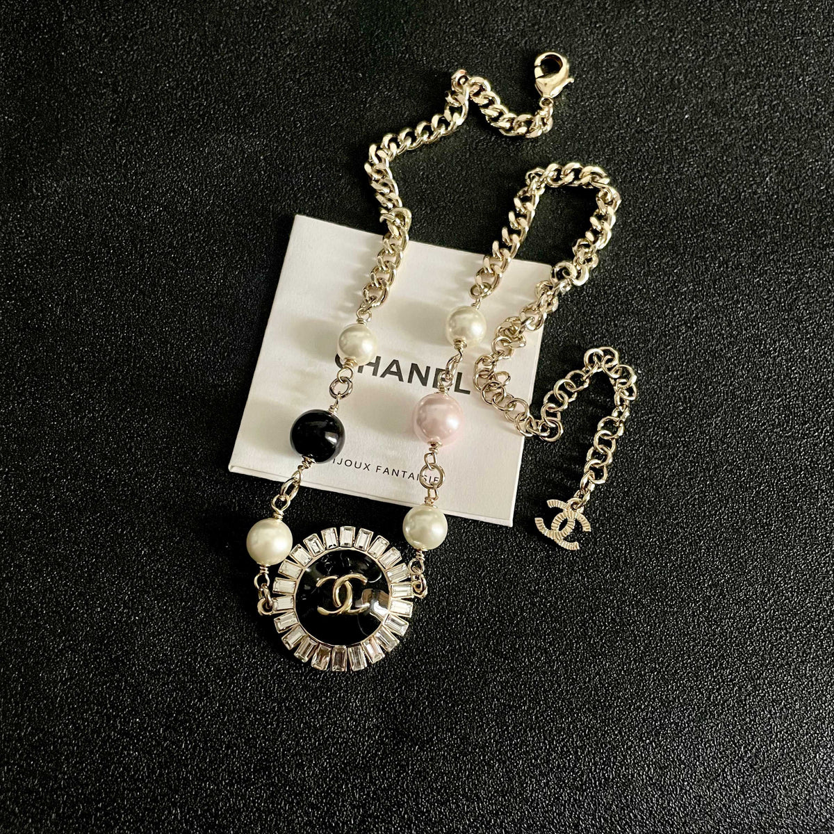 Double-C Emblem Pearl-Detail Pendant Necklace – Pearl Detail – Design 036 detail view