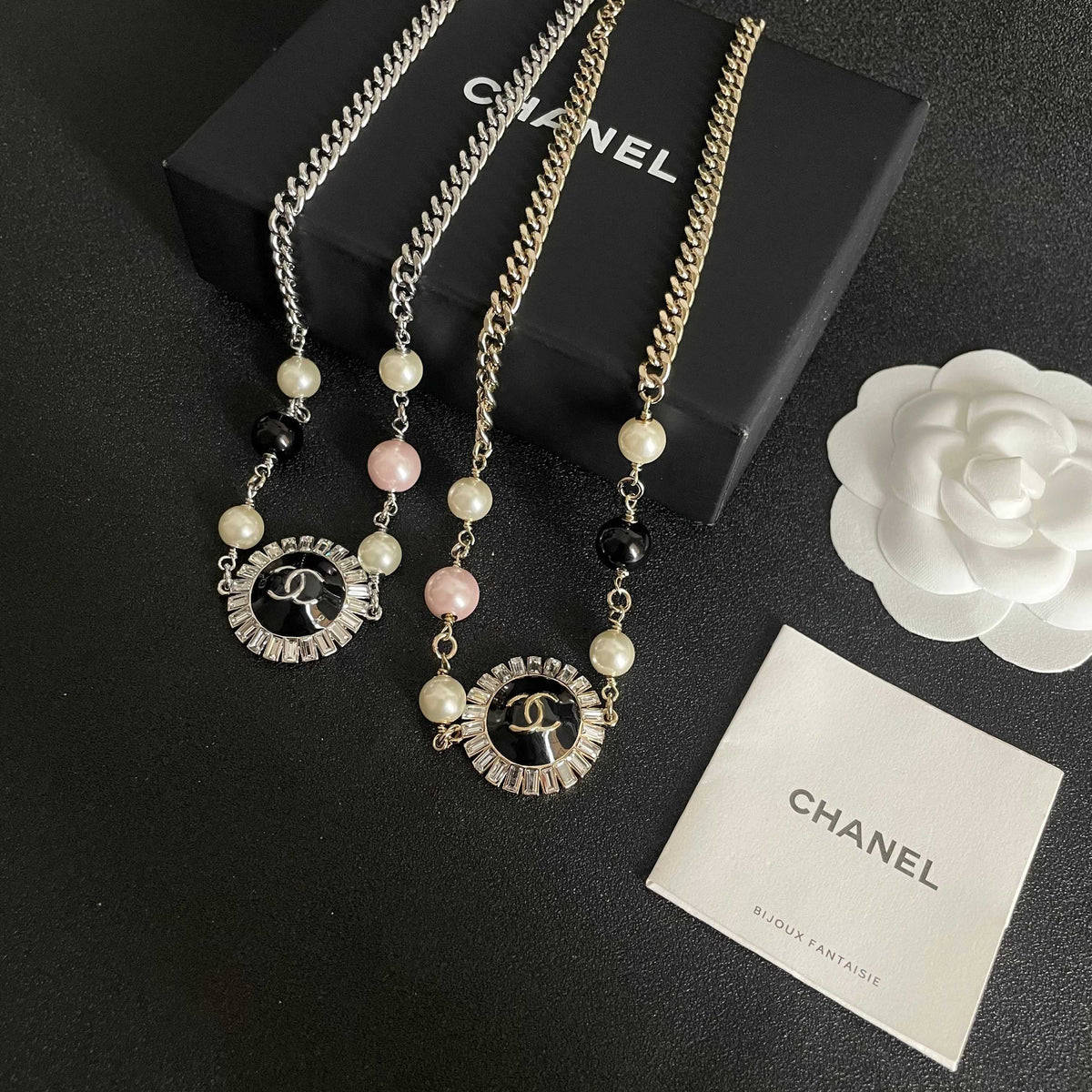 Double-C Emblem Pearl-Detail Pendant Necklace – Pearl Detail – Design 104 side detail