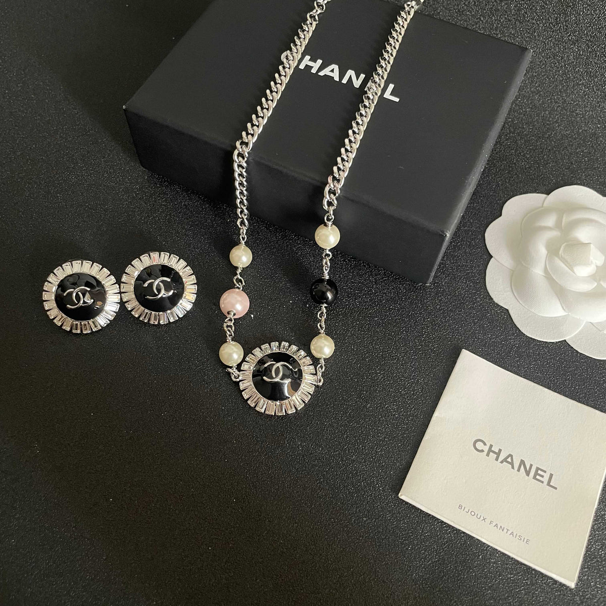 Double-C Emblem Pearl-Detail Pendant Necklace – Pearl Detail – Design 104 close-up detail