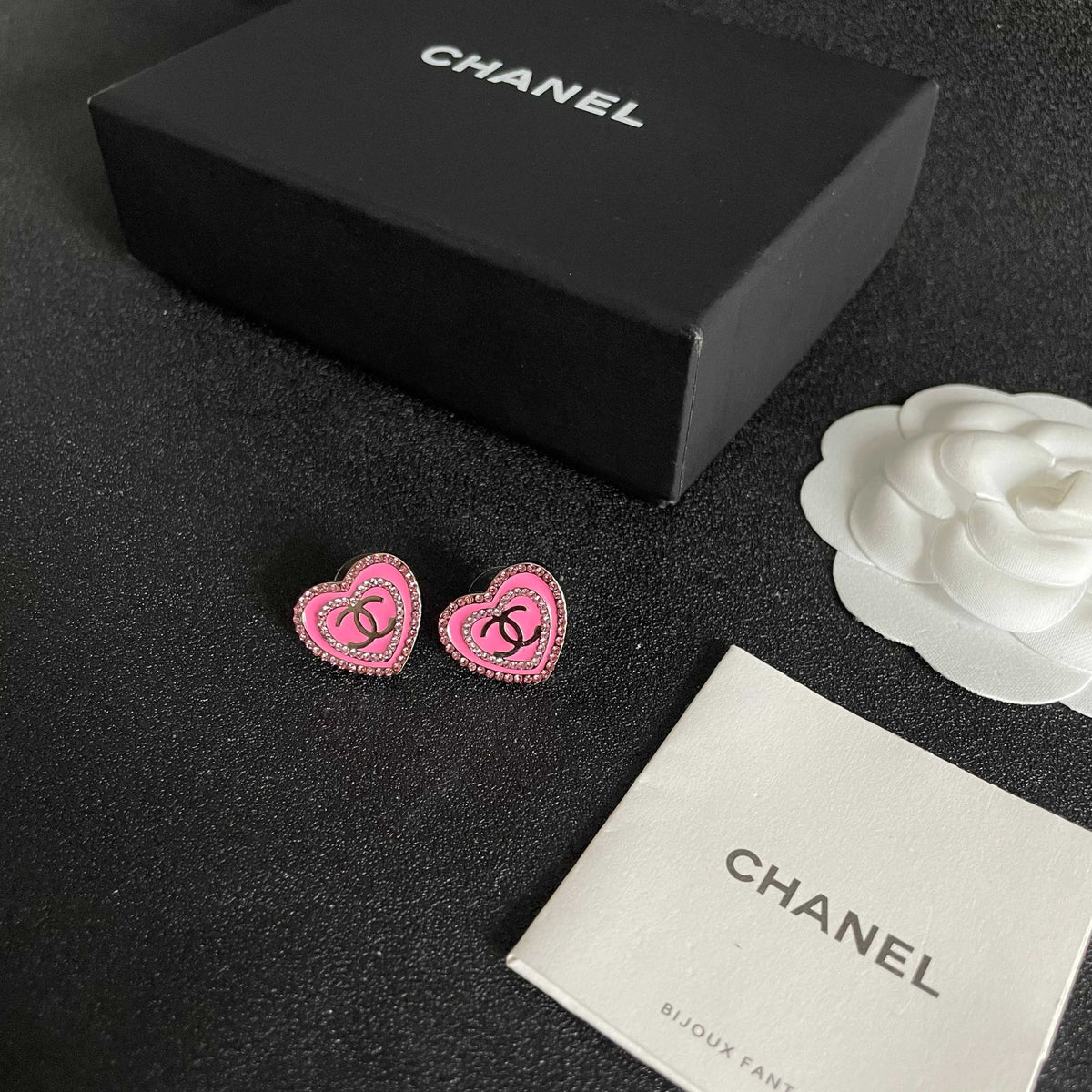 Double-C Emblem Crystal-Accent Stud Earrings – Heart Detail – Design 003 close-up detail
