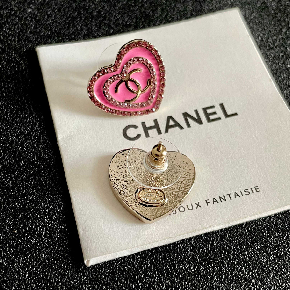 Double-C Emblem Crystal-Accent Stud Earrings – Heart Detail – Design 003 main product view