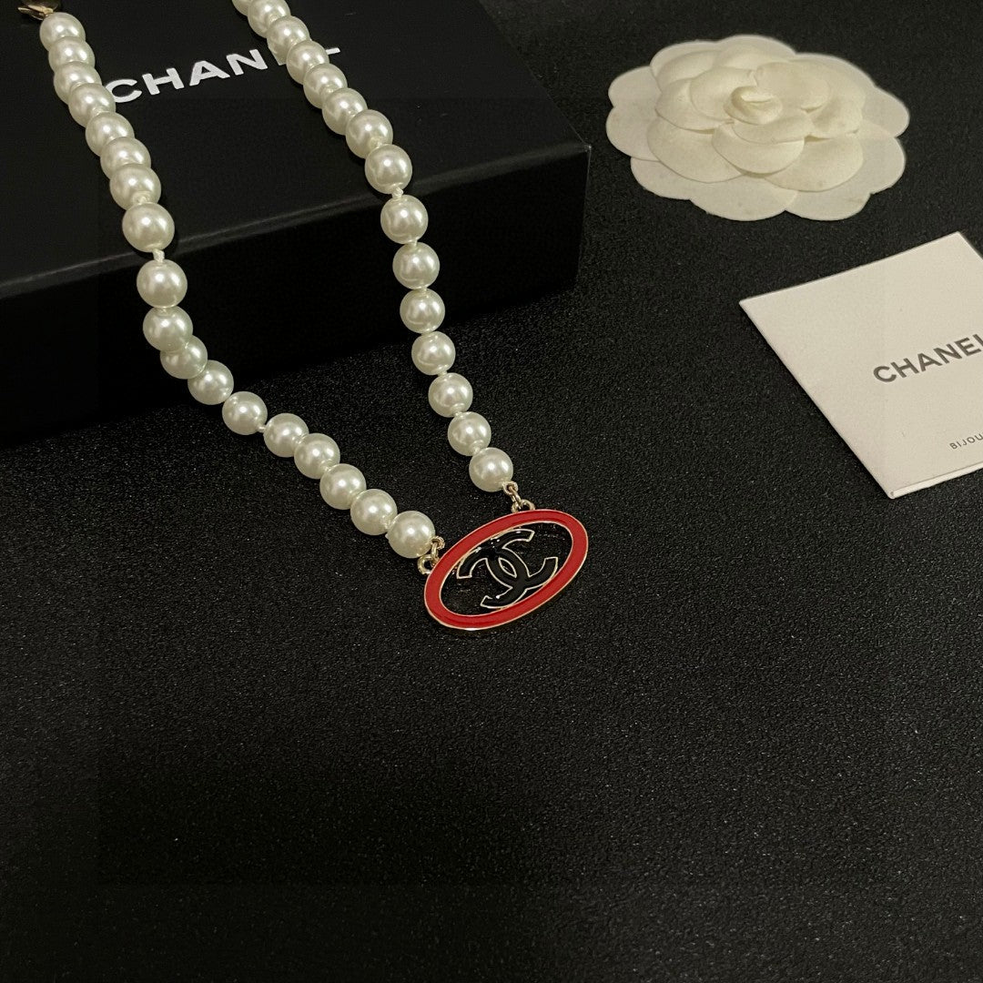 Double-C Emblem Pearl-Detail Pendant Necklace – Pearl Detail – Design 078 front product view