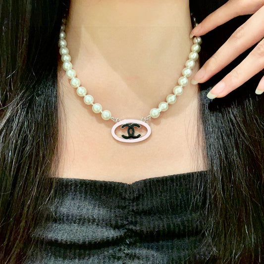 Double-C Emblem Pearl-Detail Pendant Necklace – Pearl Detail – Design 077 main product view