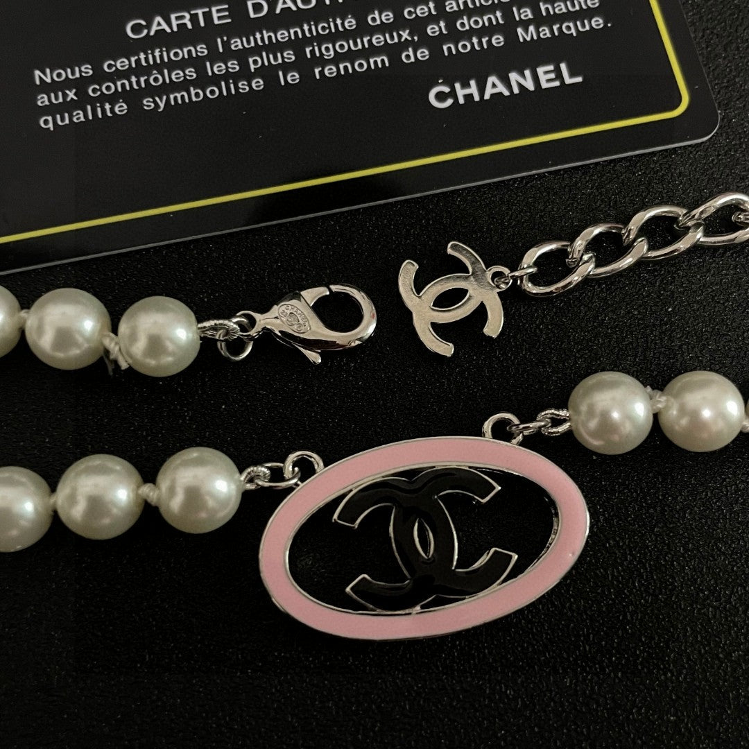 Double-C Emblem Pearl-Detail Pendant Necklace – Pearl Detail – Design 077 main product view
