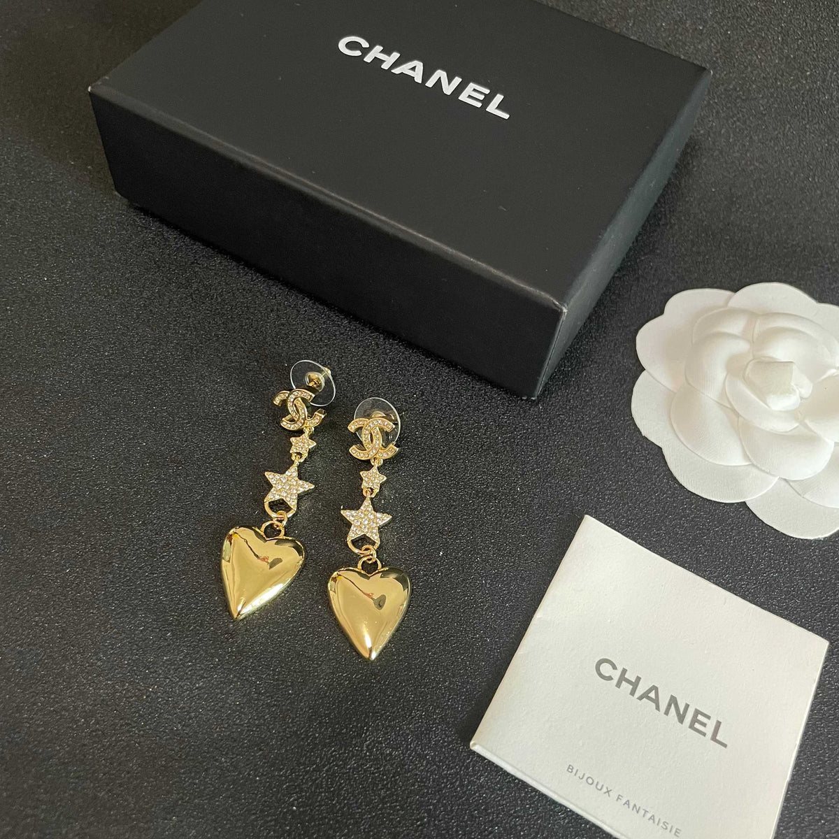 Double-C Emblem Statement Earrings in Polished Metal-Tone – Heart Detail – Design 003 close-up detail