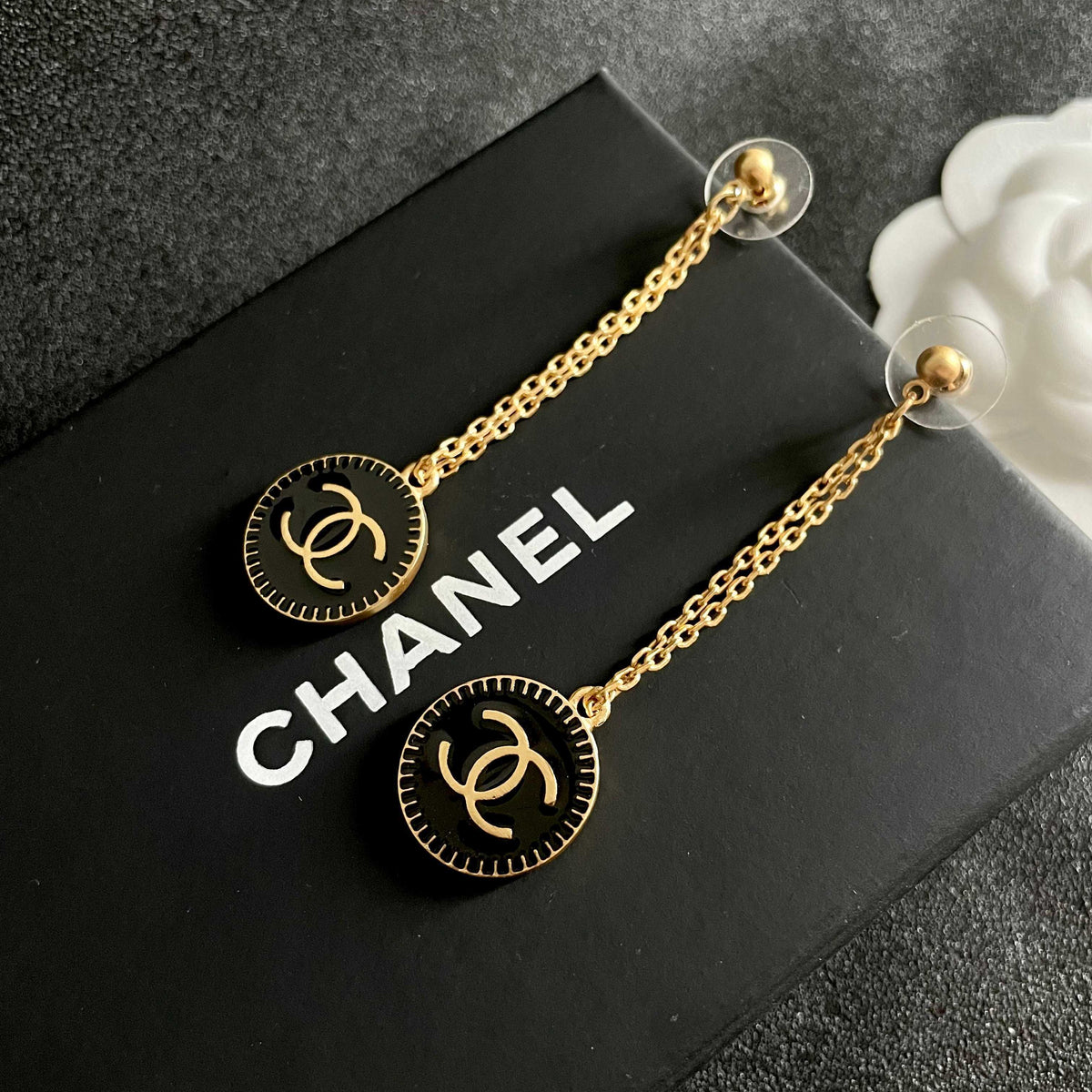 Double-C Emblem Statement Earrings in Polished Metal-Tone – Design 008 detail view