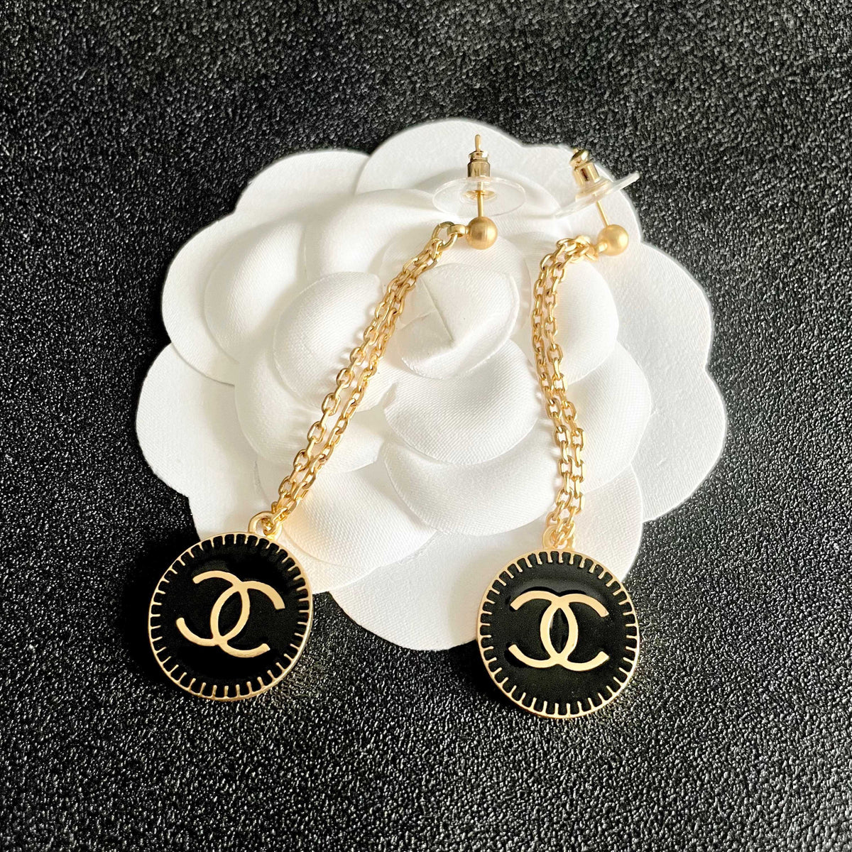 Double-C Emblem Statement Earrings in Polished Metal-Tone – Design 008 front product view