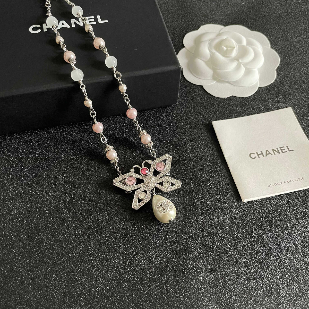 Double-C Emblem Pearl-Detail Pendant Necklace – Pearl Detail – Design 019 styled product view