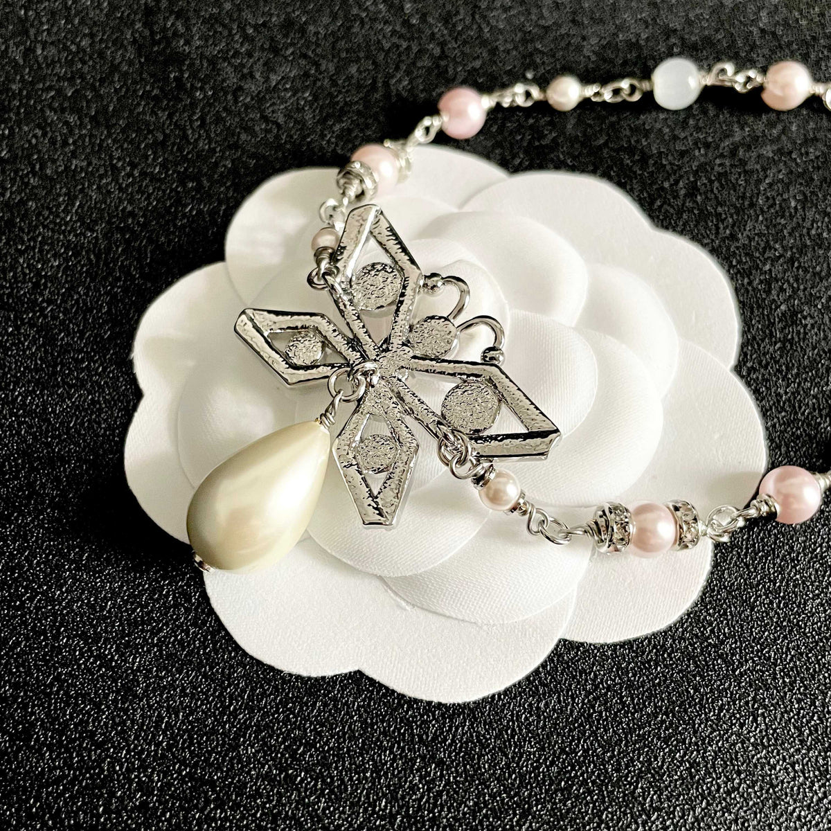 Double-C Emblem Pearl-Detail Pendant Necklace – Pearl Detail – Design 022 front product view