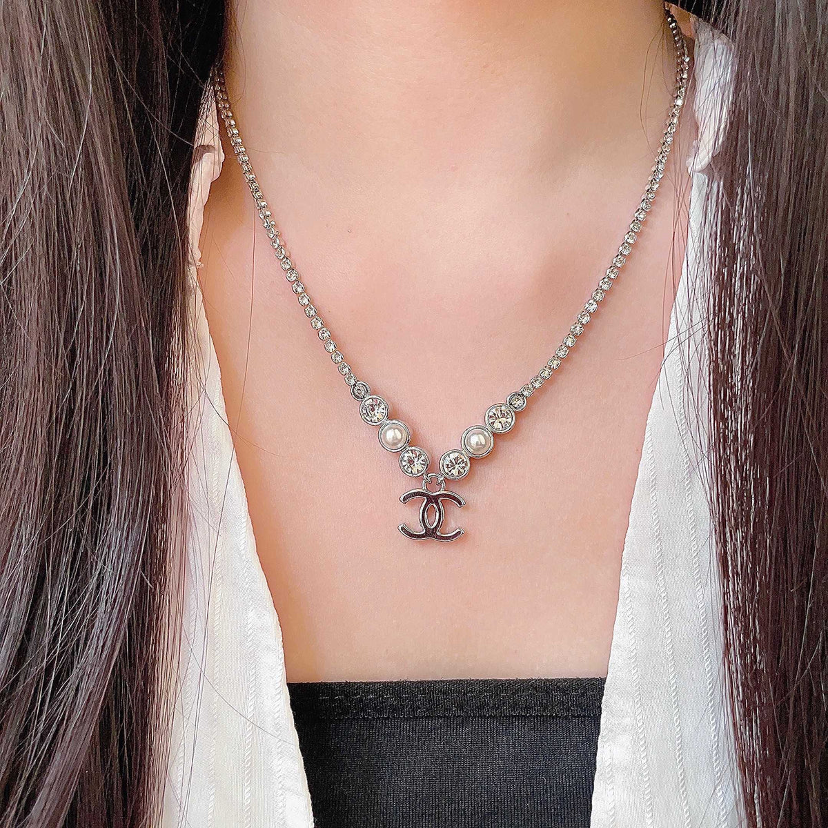 Double-C Emblem Pearl-Detail Pendant Necklace – Pearl Detail – Design 021 detail view