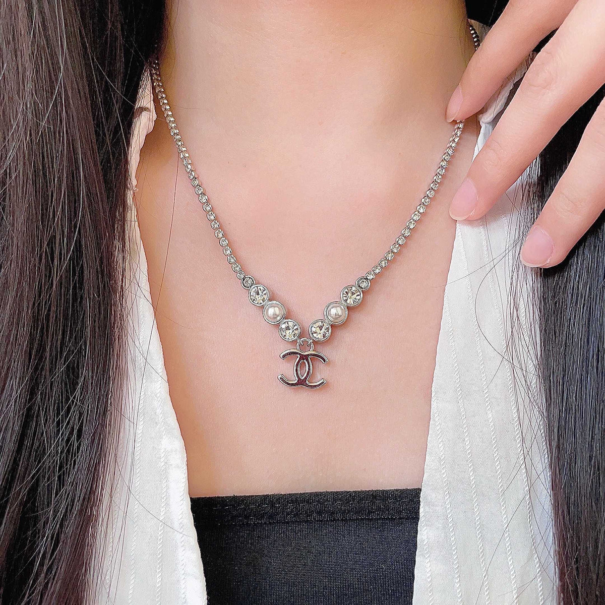 Double-C Emblem Pearl-Detail Pendant Necklace – Pearl Detail – Design 018 main product view