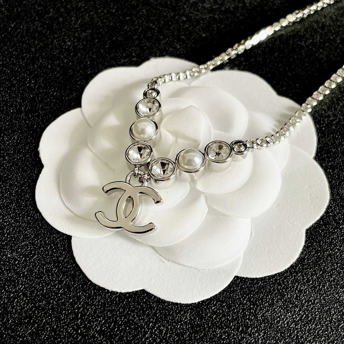 Double-C Emblem Pearl-Detail Pendant Necklace – Pearl Detail – Design 127 front product view