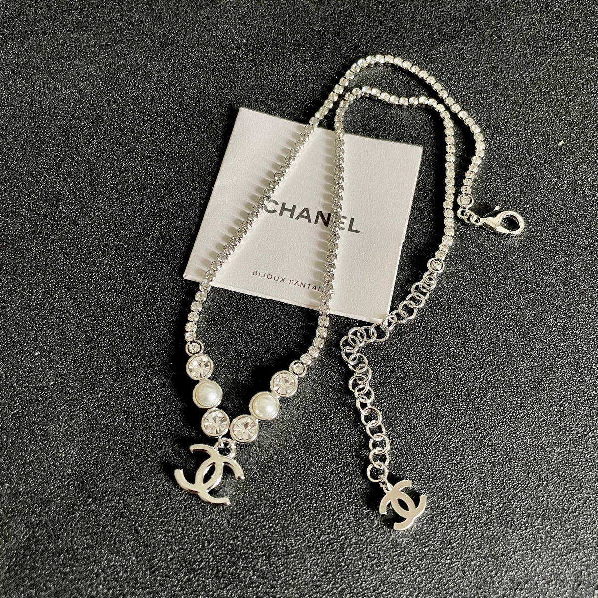 Double-C Emblem Pearl-Detail Pendant Necklace – Pearl Detail – Design 021 detail view