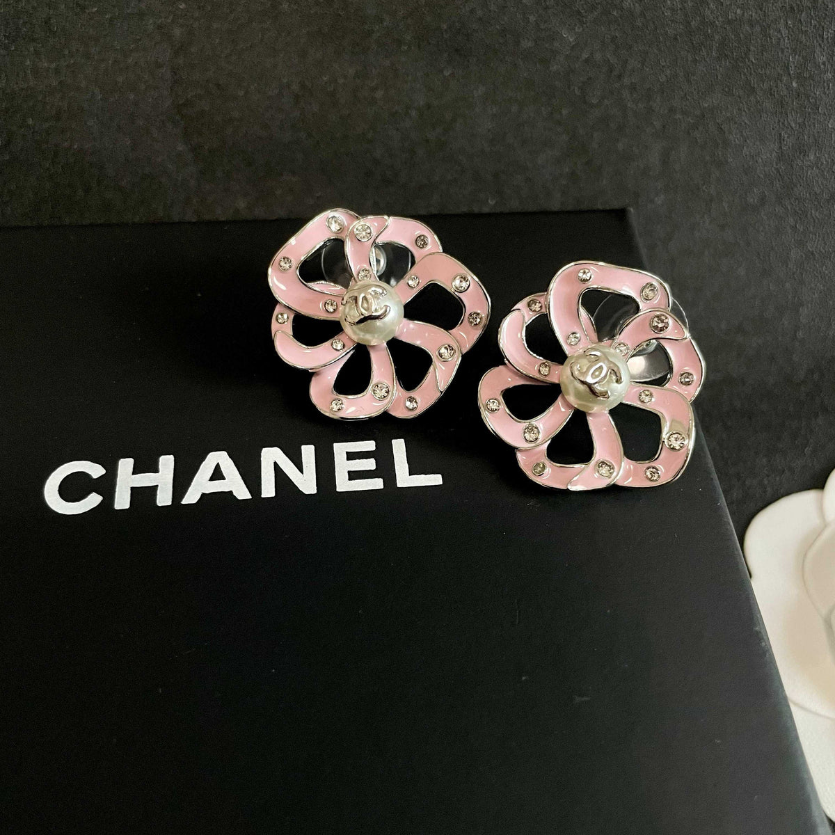 Camellia Stud Earrings in Polished Metal-Tone – Camellia Detail – Design 027 detail view