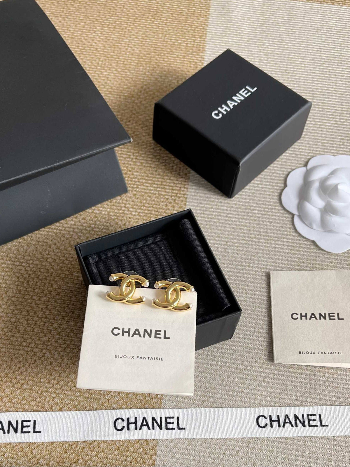 Double-C Emblem Pearl-Detail Stud Earrings – Pearl Detail – Design 014 styled product view