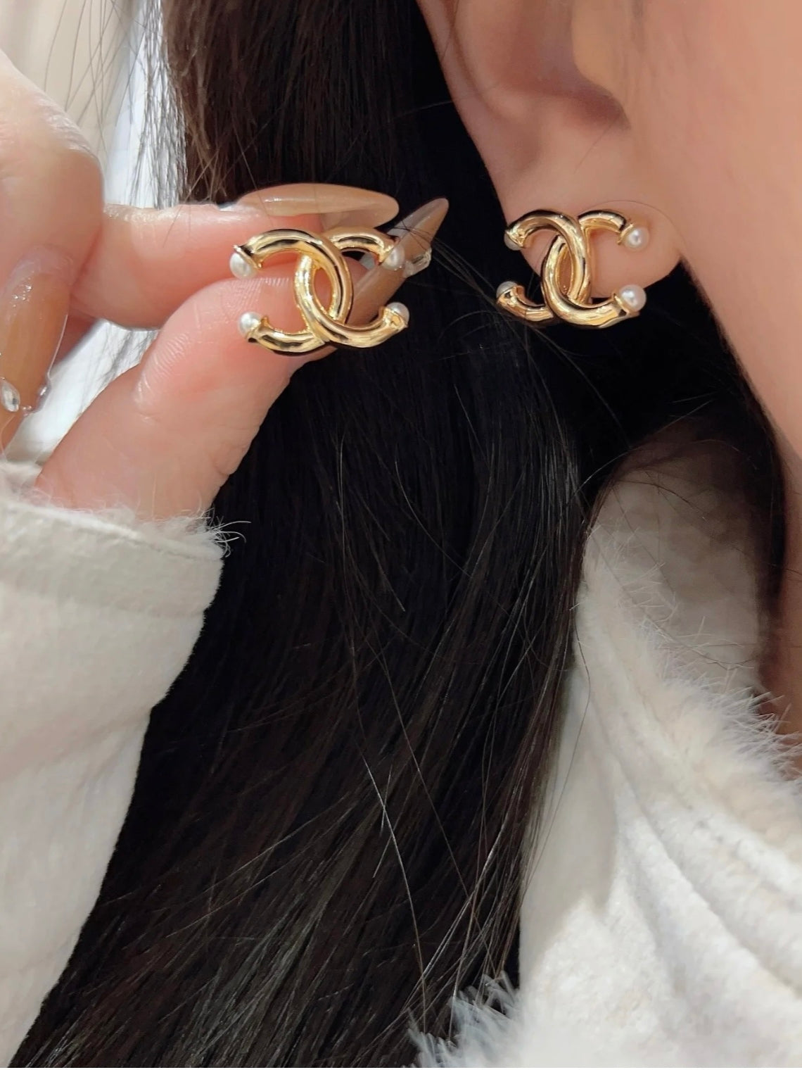 Double-C Emblem Pearl-Detail Stud Earrings – Pearl Detail – Design 014 front product view