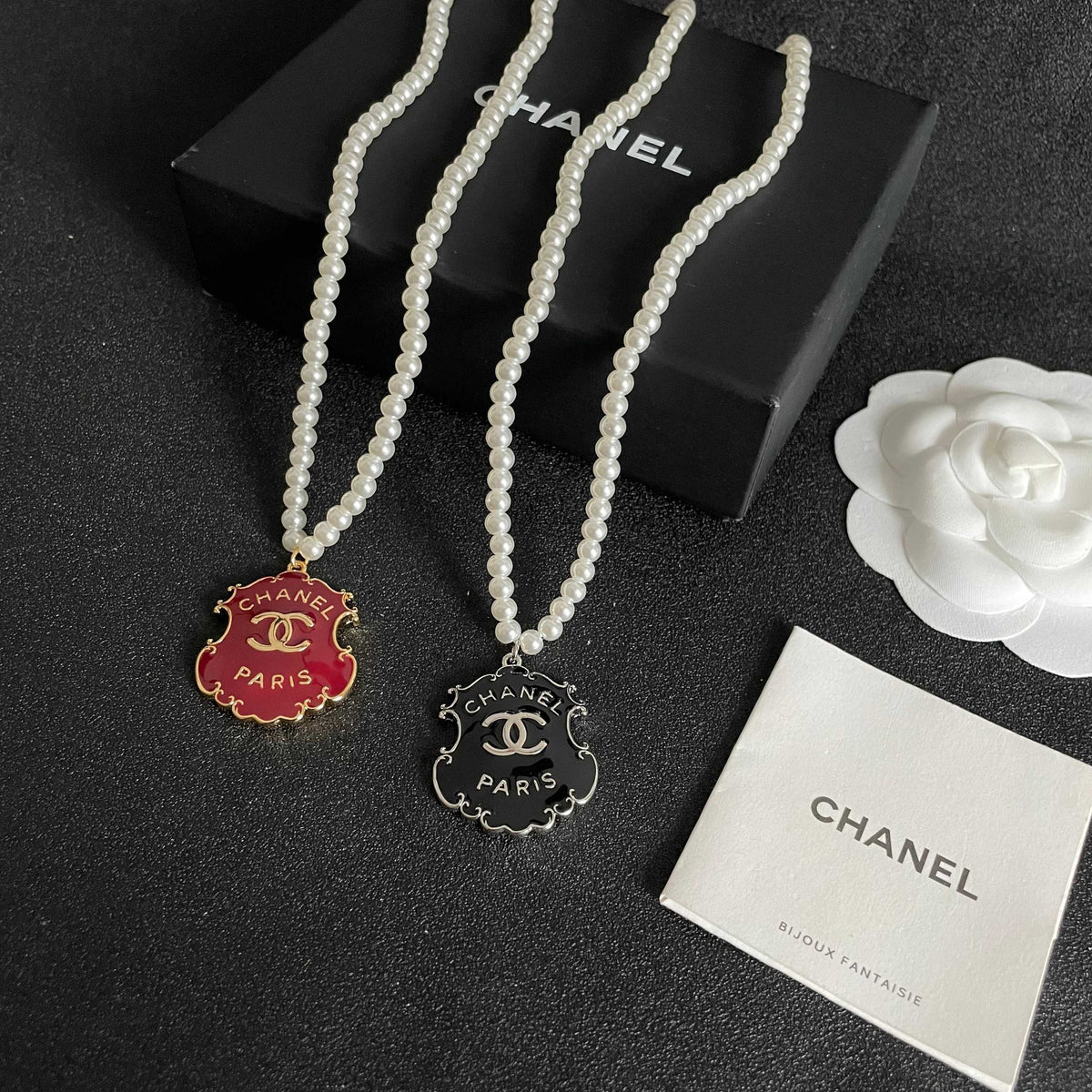Double-C Emblem Pearl-Detail Pendant Necklace – Pearl Detail – Design 032 side detail