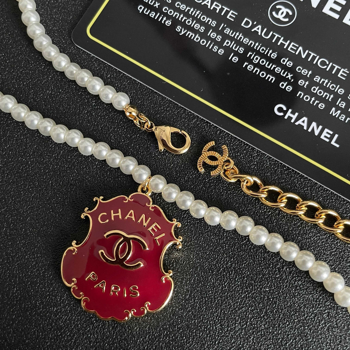 Double-C Emblem Pearl-Detail Pendant Necklace – Pearl Detail – Design 032 main product view