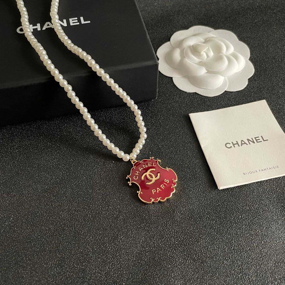 Double-C Emblem Pearl-Detail Pendant Necklace – Pearl Detail – Design 032 styled product view