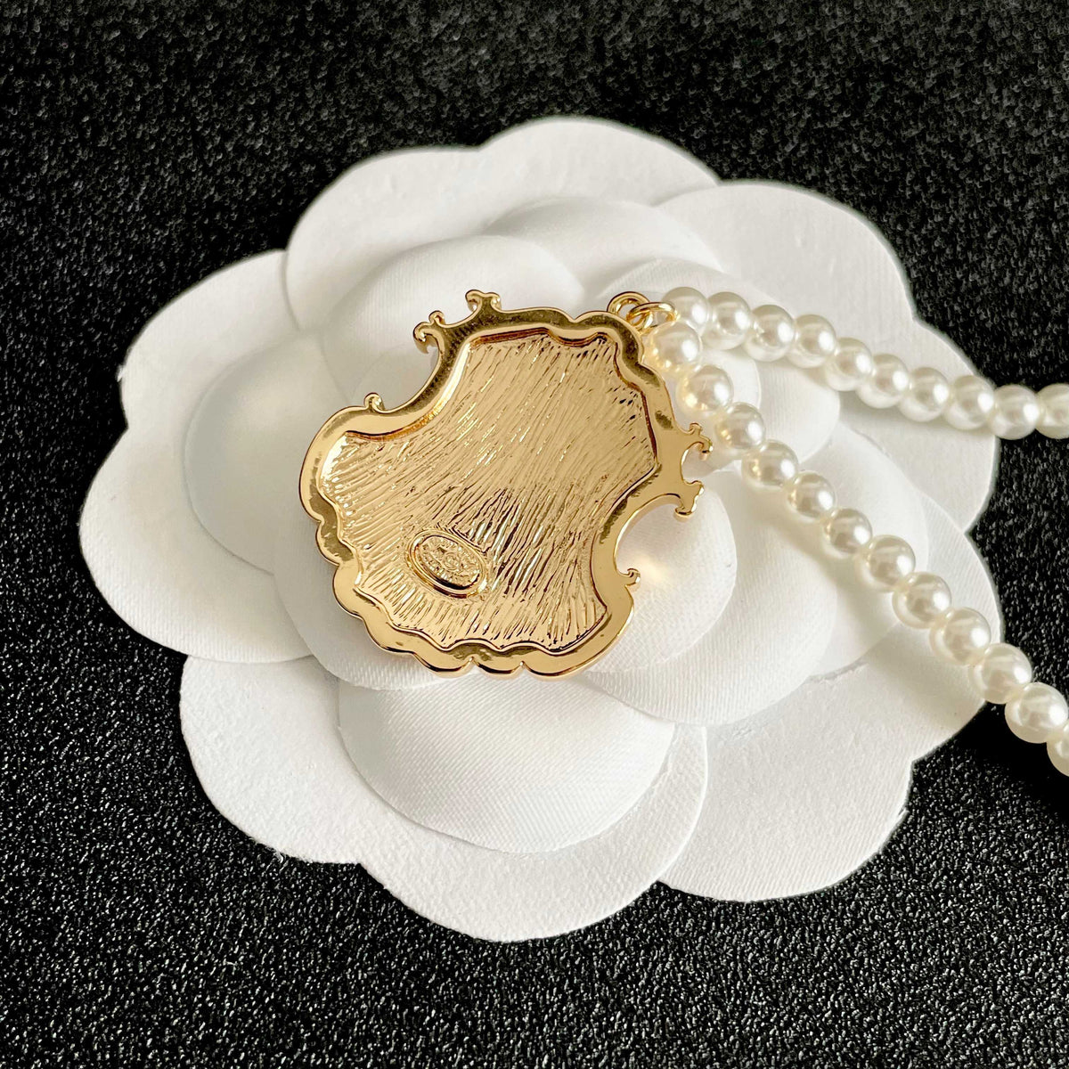 Double-C Emblem Pearl-Detail Pendant Necklace – Pearl Detail – Design 032 front product view