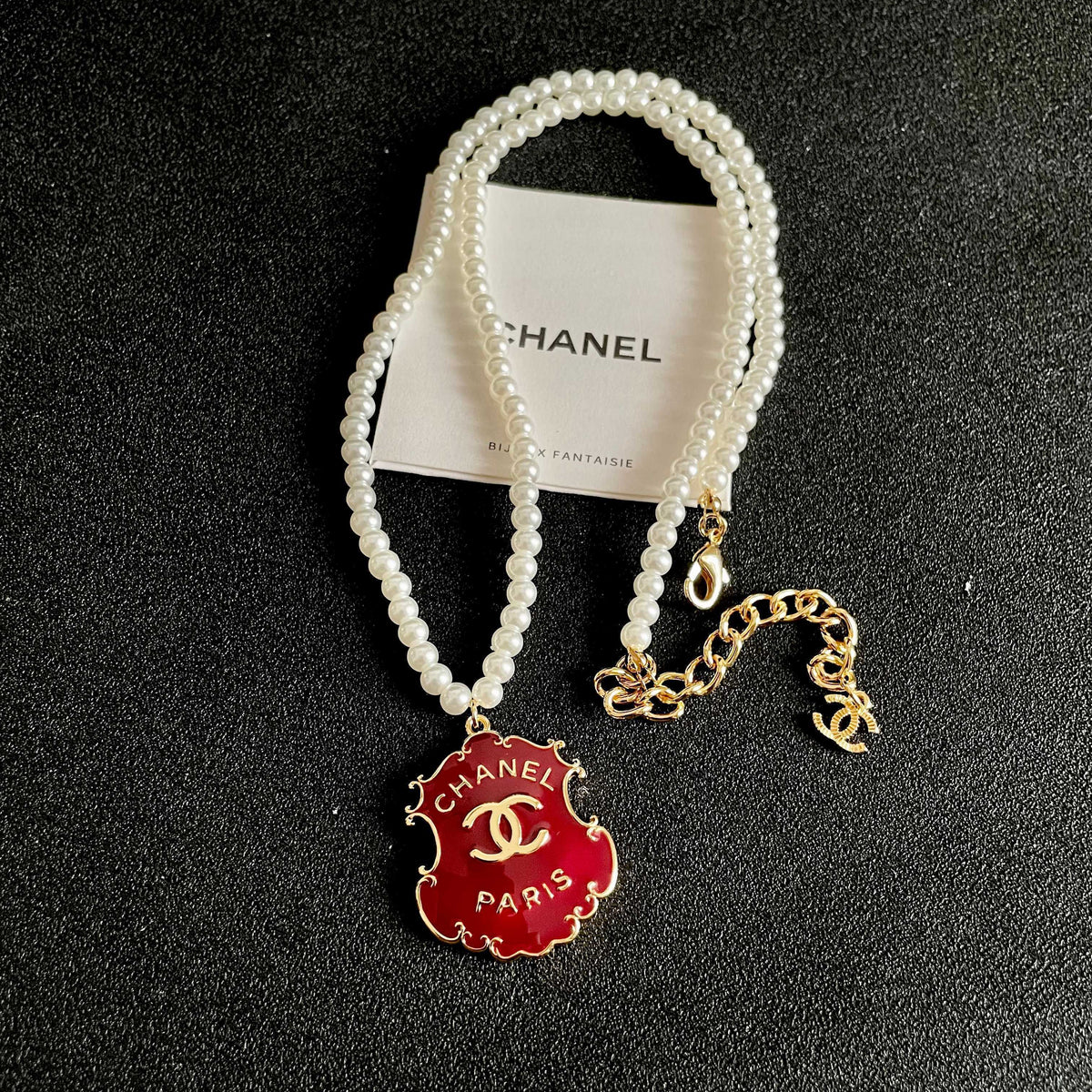 Double-C Emblem Pearl-Detail Pendant Necklace – Pearl Detail – Design 032 detail view