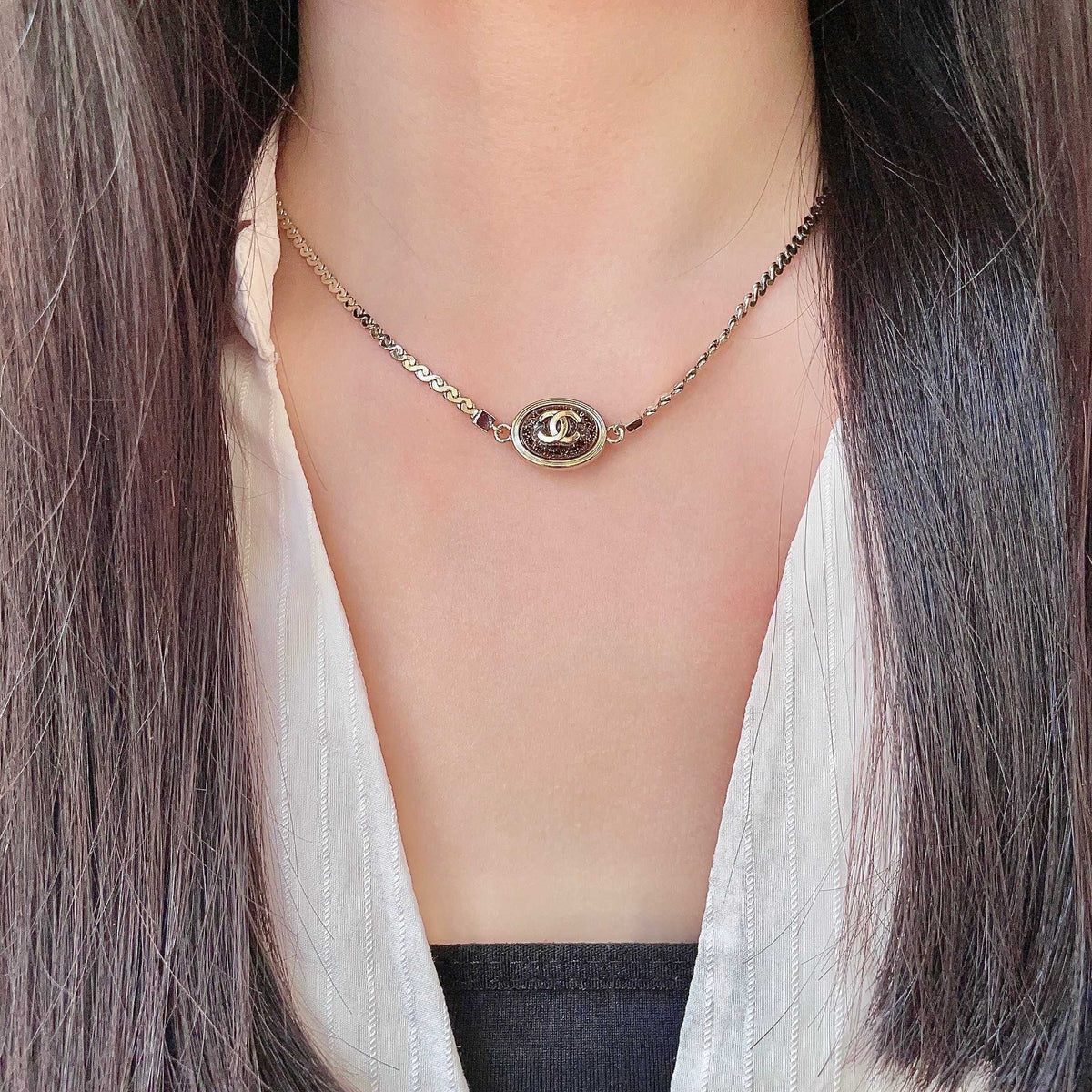 Double-C Emblem Pendant Necklace in Polished Metal-Tone – Design 013 detail view