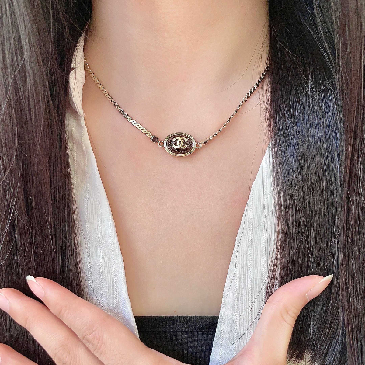 Double-C Emblem Pendant Necklace in Polished Metal-Tone – Design 013 front product view