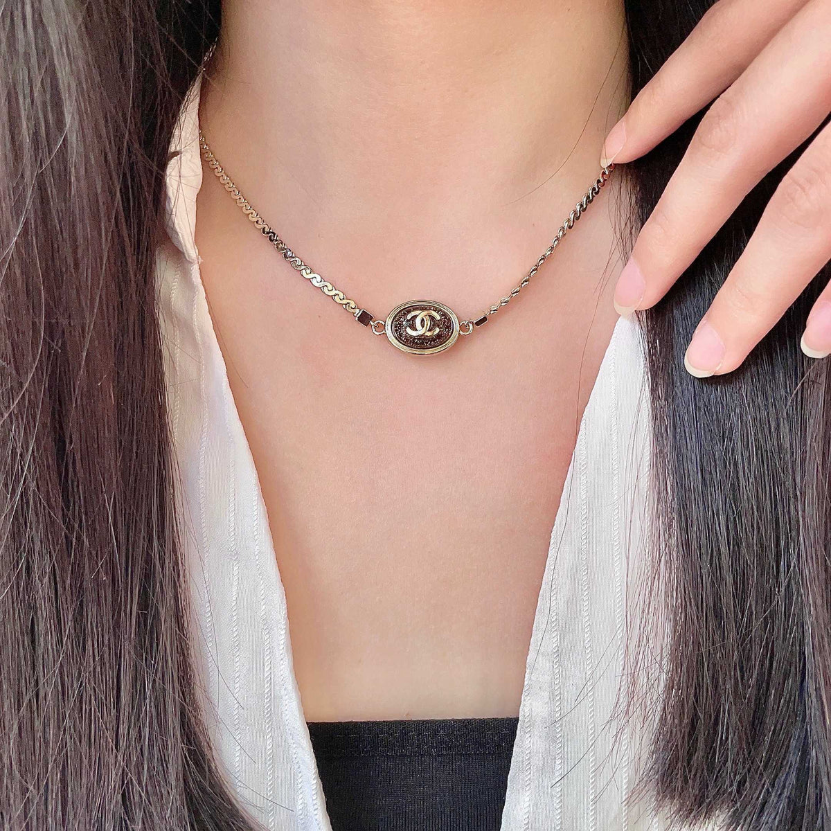 Double-C Emblem Pendant Necklace in Polished Metal-Tone – Design 013 main product view