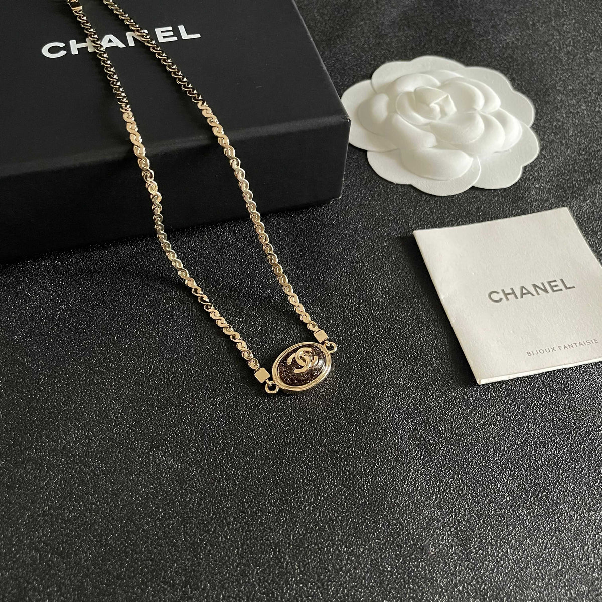 Double-C Emblem Pendant Necklace in Polished Metal-Tone – Design 013 styled product view