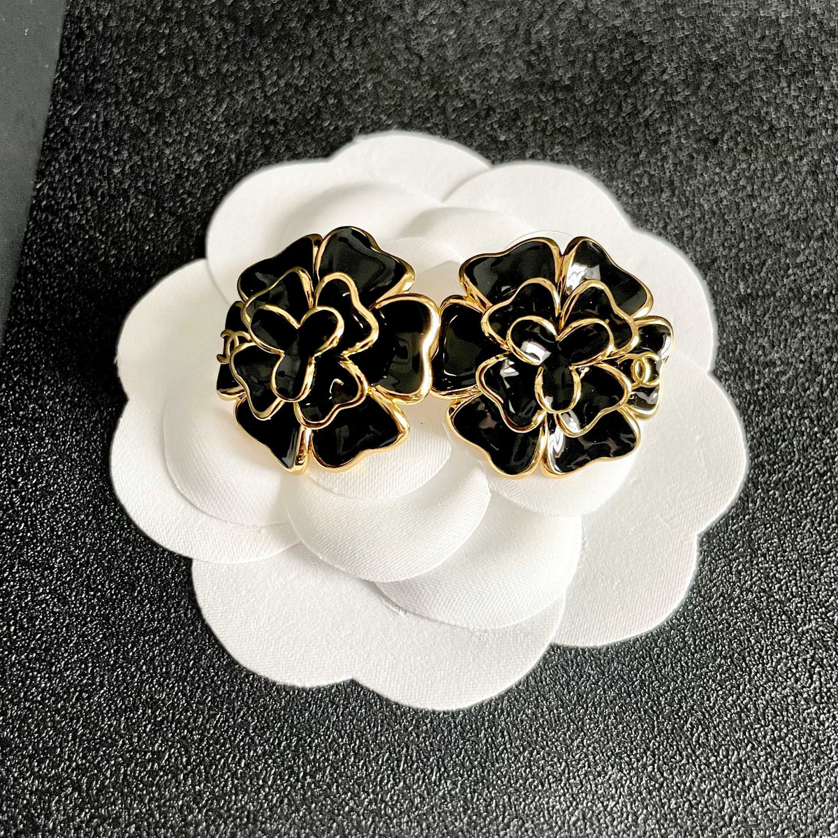 Camellia Stud Earrings in Polished Metal-Tone – Camellia Detail – Design 025 front product view